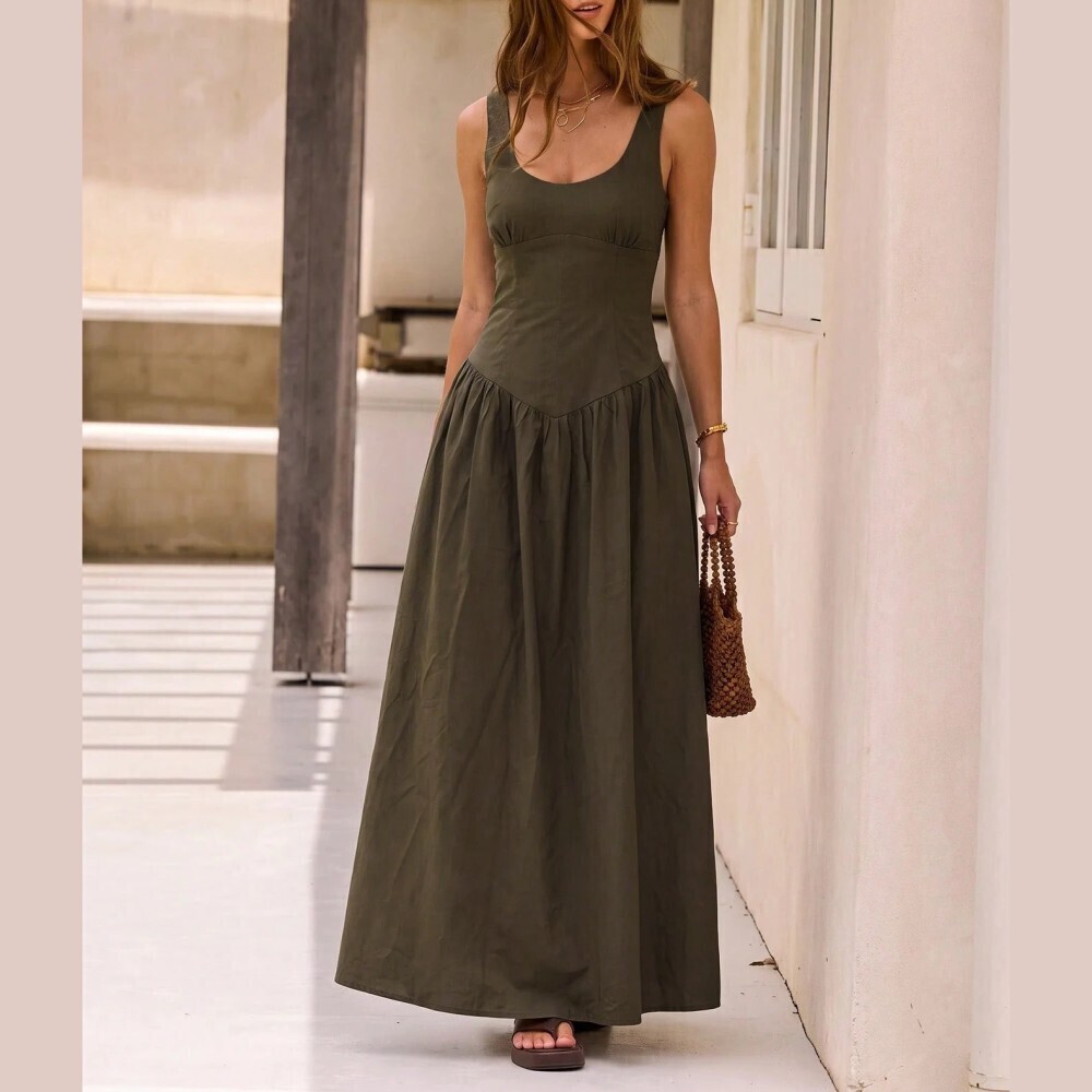 Olive Brown Square Neck Fitted Bodice Tiered A-Line Maxi Dress